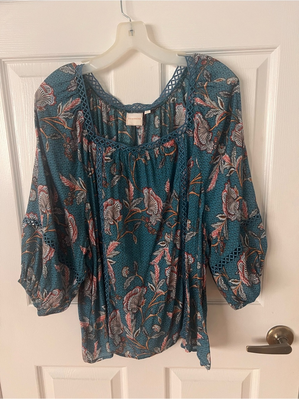 Zac & Rachel Boho Teal Floral Crochet-Trim Peasant Top Size XL